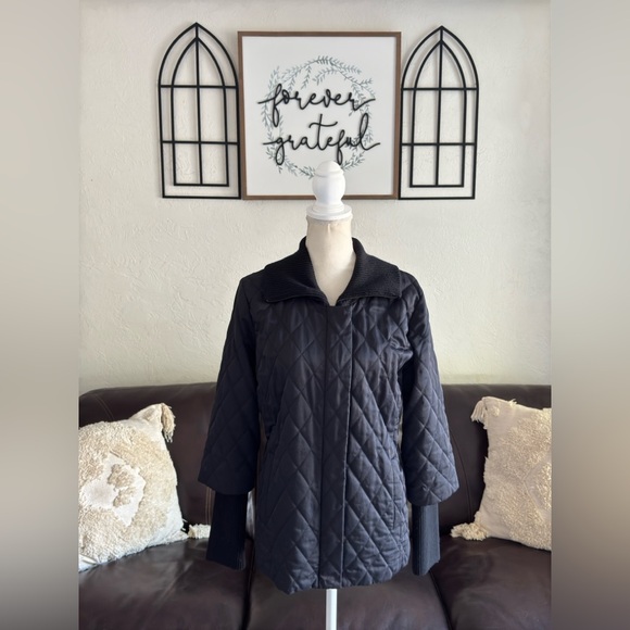 Eileen Fisher Black Quilted Puffer Jacket With A Ribbed Collar And Cuffs Size M - Picture 10 of 14